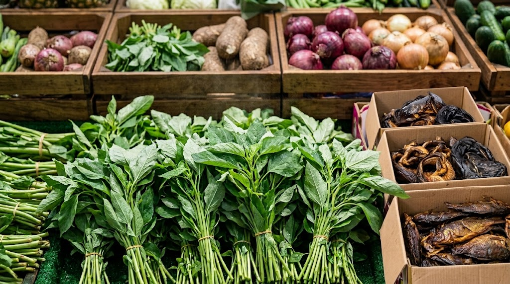 Fresh African market produce, leafy greens, tubers, onions and smoked fish crates